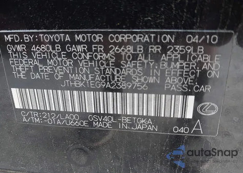 2010 Lexus Es 350 z USA, uszkodzony, nr VIN JTHBK1EG9A2389756